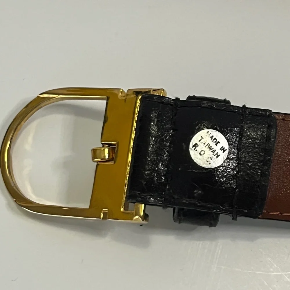 Christian Dior Vintage Black Leather Belt Gold Buckle Made in Taiwan ROC 42.5in